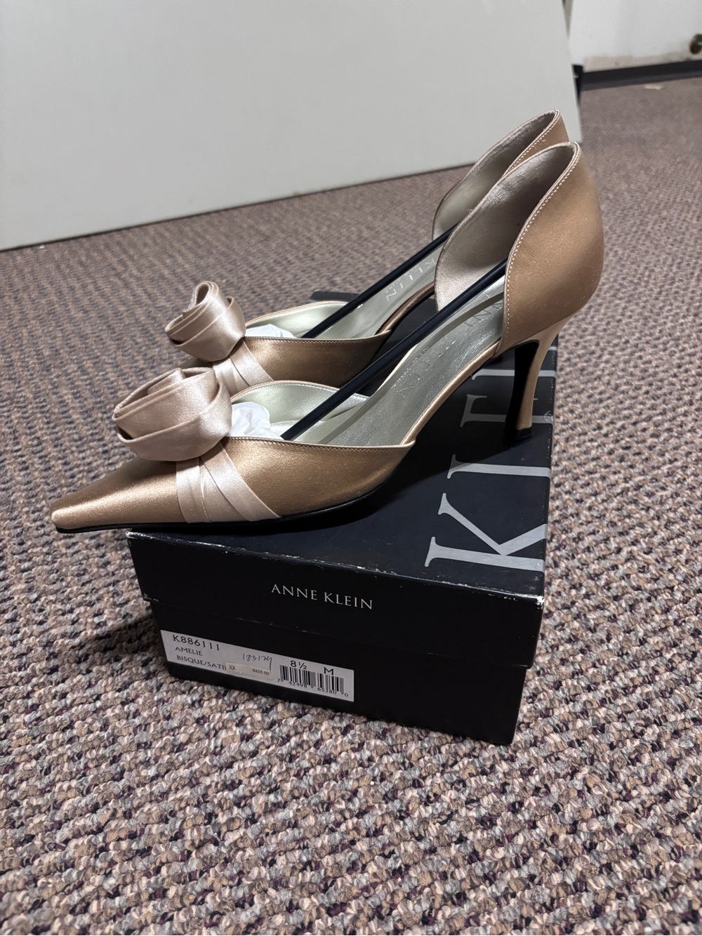 Anne Klein Champagne Satin Pointed-Toe Bow Heels